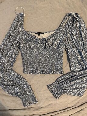 Blue Floral Smocked Long-Sleeve Crop Top